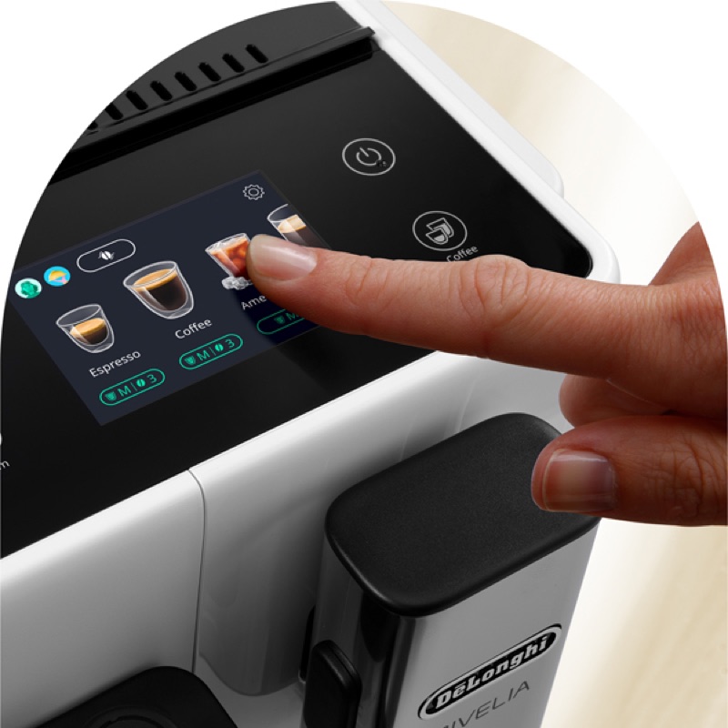 A fingertip choosing a recipe on a De'Longhi fully automatic touch display