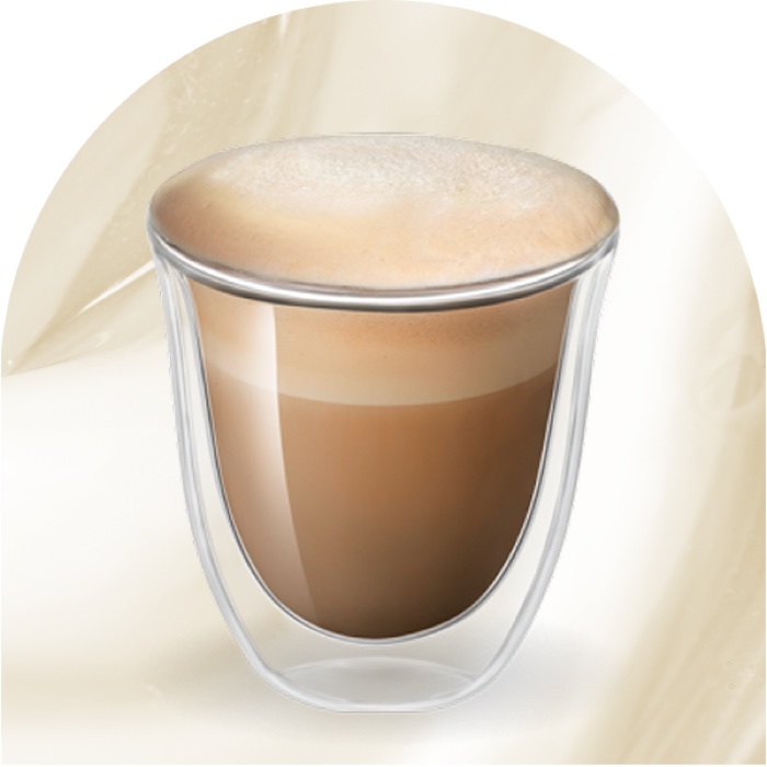 Double-walled De'Longhi glass with a layered latte